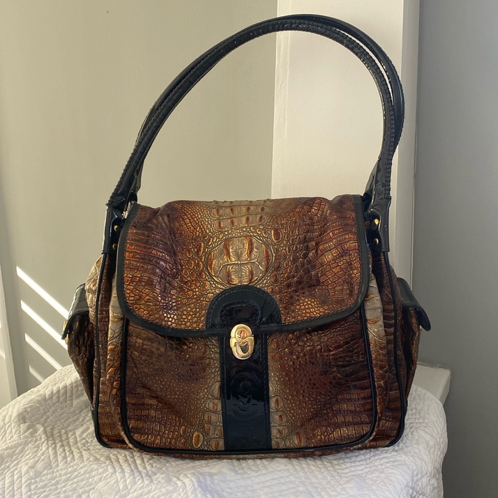 Marino Orlando Genuine Leather Embossed Faux Crocodile Alligator Handbag EUC